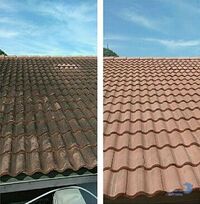 A before and after photo of a cape coral roof cleaning job