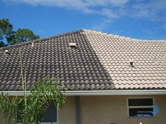 a dirty roof in the process of being cleaned in cape coral florida